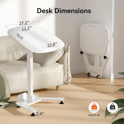 WALKINGDESK Foldable Pneumatic Height Adjustable Mobile Standing Desk with 90° Tiltable Tabletop, 27.2x18.9 Inch Portable Laptop Desk with Wheels, Holds Up to 66.1lbs for Home Office, Study, White