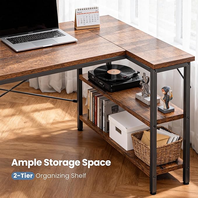 DUMOS 55 Inch L Shaped Gaming Desk Corner Computer Desks Home Office PC Table for Writing Working Study Bedroom with Reversible Storage Shelves Rustic Brown