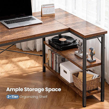 DUMOS L Shaped Desk 39 Inch Computer Desk Gaming Furniture Corner Desks Home Office PC Table with Reversible Storage Shelves for Writing Working Study Bedroom Dorm, Rustic Brown