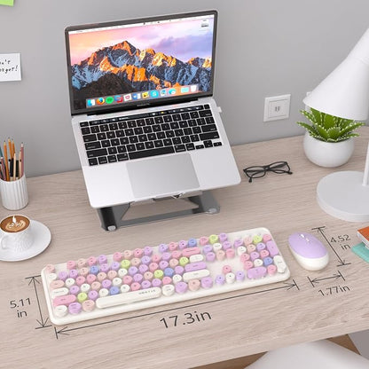 UBOTIE Colorful Wireless Keyboard and Mouse Combos, Retro Typewriter Floating Flexible Full-Sized Keys Computer Keyboard with Optical Mouse, 2.4GHz USB-A Connection for Windows Mac (White-Colorful)