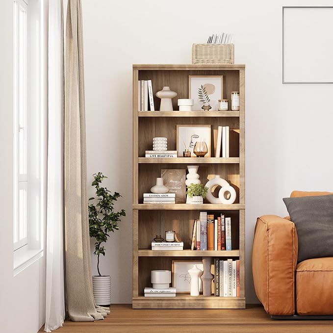 blini 5-Shelf Tall Bookcase Wooden Bookshelves 33in Wide Floor Standing Display Storage Book Shelves 70 in Oak Bookcase for Home Office, Living Room, Bed Room