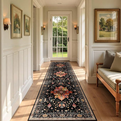 RELEANY Area Rugs Runner 3'x9' Washable Non-Slip, Floral Vintage Distress Medallion Carpet for Kitchen Hallway Bedroom Beside Laundry Room Bathroom, Black Colorful Floral Dark Tan