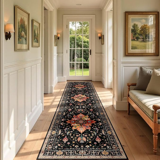 RELEANY Area Rugs Runner 3'x9' Washable Non-Slip, Floral Vintage Distress Medallion Carpet for Kitchen Hallway Bedroom Beside Laundry Room Bathroom, Black Colorful Floral Dark Tan