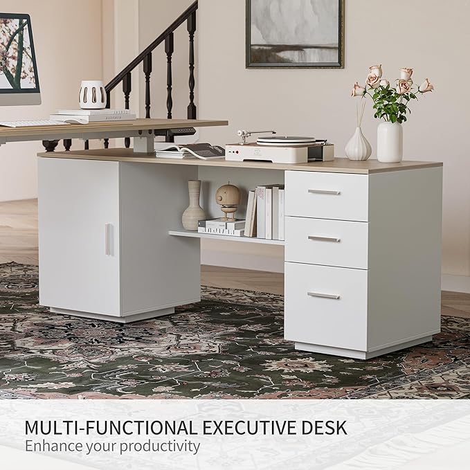 FEZIBO L Shaped Standing Desk, 63 inch Executive Standing Desk, Adjustable Height Desk with Storage Drawers for Home Office, Light Wood Grainy