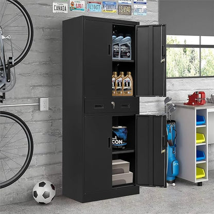 CJF 71" H Tall Metal Storage Cabinet with Drawer, Locking Garage Cabinet with 2 Adjustable Shelves, Heavy-Duty Tool File Storage Cabinets for Home Office, Kitchen, Warehouse, Shop (Black)