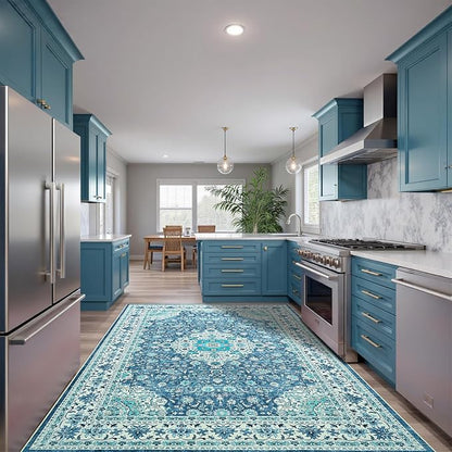 Goideal Washable Rug 4x6, Vintage Area Rugs Non Slip, Indoor Low Pile Carpet with Rubber Backing for Living Room Kitchen Bathroom Entryway Office Bedroom,Blue & Teal