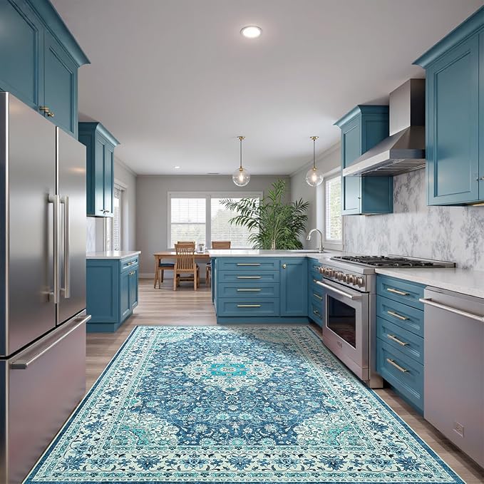 Goideal Washable Rug 3x5, Vintage Area Rugs Non Slip, Indoor Low Pile Carpet with Rubber Backing for Living Room Kitchen Bathroom Entryway Office Bedroom,Blue & Teal