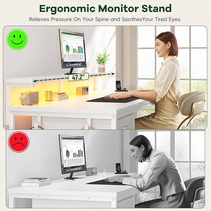 DurayLoly Computer Desk with Ergonomic Monitor Stand & CPU Stand,47.2" Gaming Desk with 1 Drawer & Power Outlet & LED Lights for Home Work, Bedroom Study and Gaming, Small Spaces,White