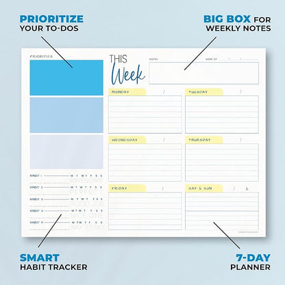 Weekly Planner Pad - Undated Planner - To Do List Notepad - Habit Tracker - 11 x 8.5" - 52 Tear-Off Sheets - Daily Planner Undated for Home Work Office Business - Goal Planner - Cute Planner (Blue)