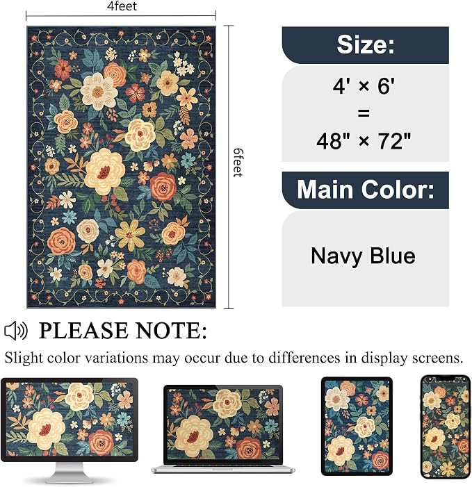 DUKINO 4x6 Area Rug, Lightweight Non Slip Washable Floral Rug, Indoor Low Pile & Non-Shedding Boho Design Rugs for Bedroom, Living Room, Dining Room, Dark Blue