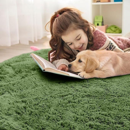 OLANLY Green Round Rugs for Bedroom - Machine Washable, 6 ft Circle Area Rugs for Living Room, Soft and Fluffy Shaggy Carpet for Teen Girl and Boys, Nursery Rooms, Dorms, Home Decor Aesthetic