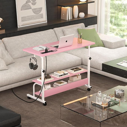 Armocity Rolling Standing Desk with Charging Station, Portable Height Adjustable Mobile Computer Desk with Wheels & 2-Tier Shelves & Hooks, Easy Assembly Laptop Table for Couch Bed, 32" Pink