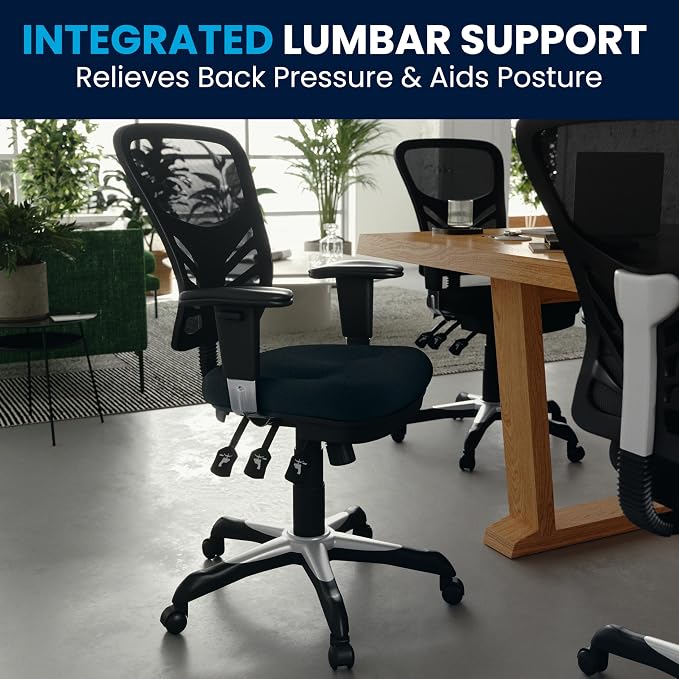 Flash Furniture Nicholas Mid-Back Swivel Desk Chair with Wheels, Mesh Back, Padded Seat, and Armrests, Adjustable Height Mesh Ergonomic Office Chair, Black