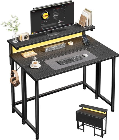 DurayLoly Folding Table with RGB Light for Small Space, 31.5" Folding Computer Desk for Space Saving Sofa Table for Couch, Home Work Office Desk with Monitor Stand, Easy to Fold with Hooks,Black