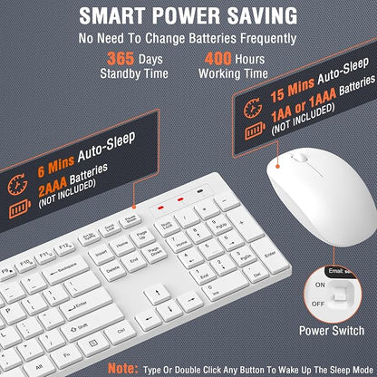 Wireless Keyboard and Mouse Combo, EDJO Silent Full Size Cordless USB Keyboard Mouse, 2.4GHz Lag-Free, Long Battery Life, for Computer, Laptop, PC, Chromebook, Windows (White, 1 Pack)