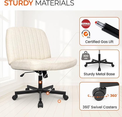 Orange Factory Criss Cross Chair Wheels Wide Cross Legged Office Desk Vanity Chair Comfy Fabric Armless Adjustable Swivel for Home Computer Task (Beige Wheel, Fabric)