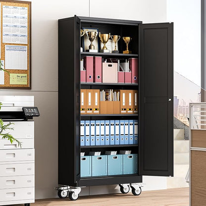 winiowa 71" Tall Metal Garage Storage Cabinet with Wheels, Steel Locking Rolling Tool Cabinet with 4 Adjustable Shelves for Garage,Home,Office (Black)