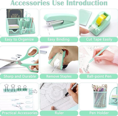 Green Office Desk Accessories Supplies, 12pcs Desk Organizers and Accessories with Tape dispenser and Stapler,Staples,Staple Remover,Pen Holder,Scissor,Ruler,Sticky Tabs,Tape,Ballpoint Pen,Clips Set
