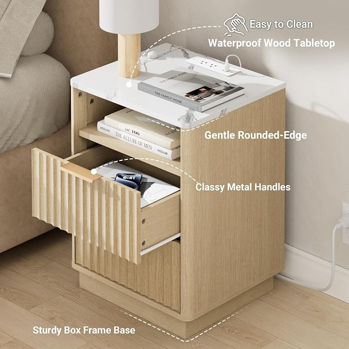 Fluted Nightstand, Modern Night Stand, Nightstand with Faux Marble Top and Charging Station, 2 Drawers End Table w/Storage, Bedside Table for Bedroom Living Room, Natural Oak