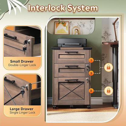 DEVAISE 3-Drawer File Cabinet with Hanging Files, Mobile Rolling Storage Cabinet for Home Office, Printer Stand, Farmhouse Style, Dark Brown