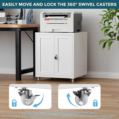 Large Printer Stand with Storage and Lock, 3D Heavy-Duty Printer Cabinet, Printer Table for Home Office with Doors and Adjustable Shelves, for Office Copier and Fax Machine, White