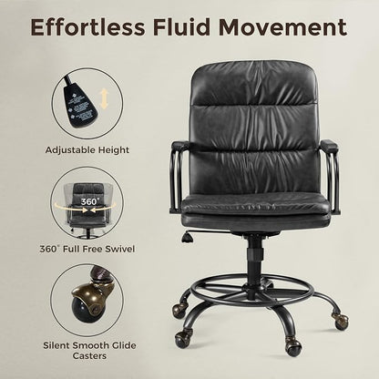 EUREKA ERGONOMIC Mid-Century Vintage Office Chair, Faux Leather Executive Desk Chair with Unique Ball Casters and Fixed Footrest Ring, Brown Retro Swivel Chair for Home Office and Study, Gray