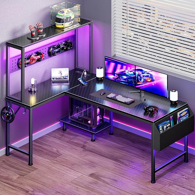PRAISUN L Shaped Gaming Desk with LED Lights & Power Outlets, Reversible Computer Desk with Storage Shelves & Bag, Large Corner Home Office Desk with Pegboard for Work from Home, Carbon Fiber Black