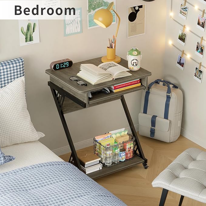 ALISENED 23.6" Z-Shaped Computer Desk for Small Spaces with Keyboard Tray, Wheels and Bottom Shelves, Compact Space-Saving Home Office Workstation, Grey
