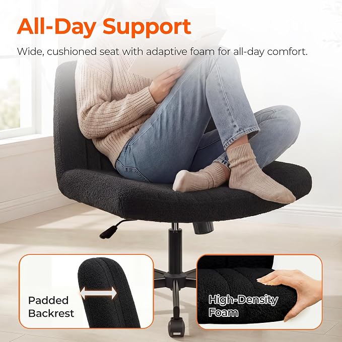 Orange Factory Criss Cross Chair Wheels Vanity Chair Office Desk Comfy Wide Cross Legged Armless Teddy Fabric Adjustable Swivel for Home Computer Task (Black, Teddy Fleece)