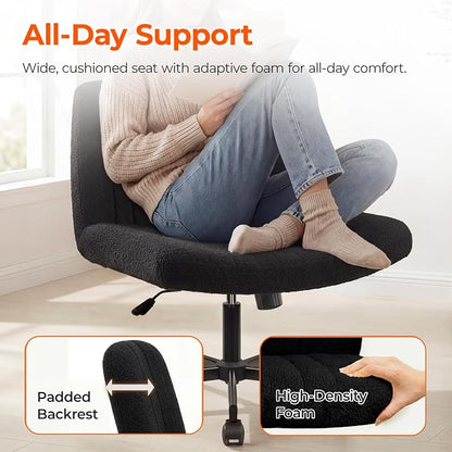 Orange Factory Criss Cross Chair Wheels Vanity Chair Office Desk Comfy Wide Cross Legged Armless Teddy Fabric Adjustable Swivel for Home Computer Task (Black, Teddy Fleece)