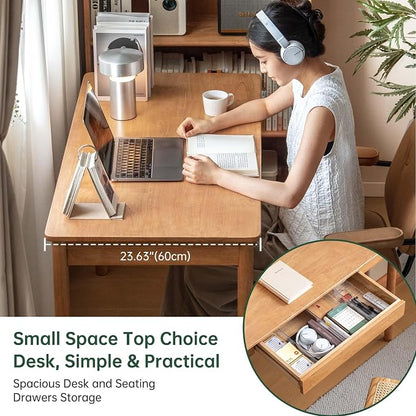 Solid Wood Computer Desk, Mid-Century Modern Home Office Desk with Storage Drawers, Writing Table for Study & Living Room 41.33" W Natural Wood