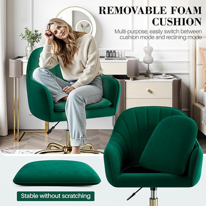 Vanity Chair with Wheels, Comfy Home Office Desk Chairs Adjustable Modern Velvet Makeup Vanity Chairs for Bedroom Living Room-Green