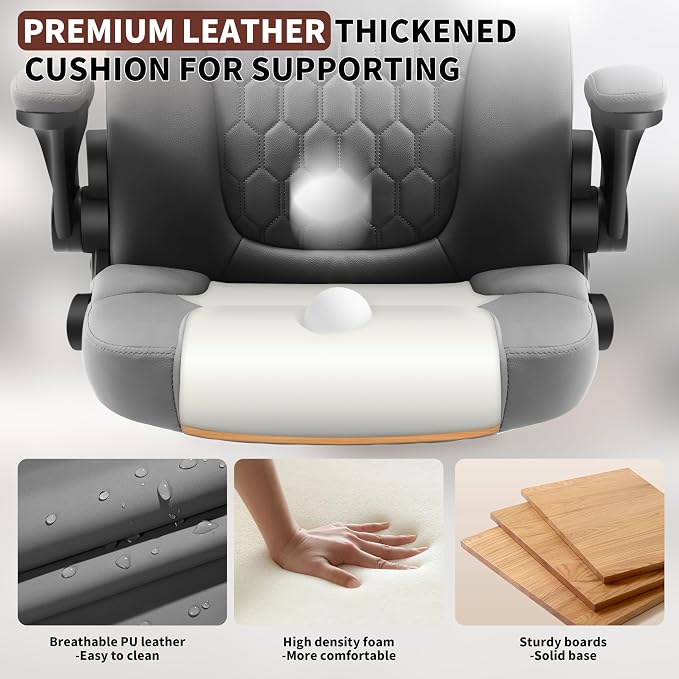 Executive Office Chair PU,Leather Office Chair with Wheels,360° Swivel Rolling Chair with Padded Arms,Ergonomic Computer Chair with Lumbar Support for Short People Use (Grey)