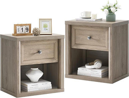 Grey Nightstand Set of 2, Farmhouse Modern Night Stand with Drawer & Open Storage Space, Large Bed Side Table for Bedroom Living Room, End Table with Metal Knob, Wooden Bedside Table