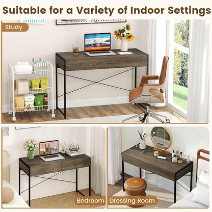 GOFLAME 44 Inch Computer Desk with 2 Drawers, Home Office Desk with Metal Frame, Small Study Writing Workstation with Storage, PC Laptop Table for Living Room, Bedroom, Study, Grey