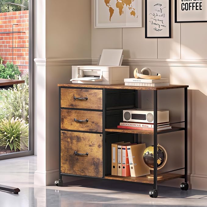 DEVAISE 3 Drawer Mobile File Cabinet, Rolling Printer Stand with Open Storage Shelf, Fabric Lateral Filing Cabinet fits A4 or Letter Size for Home Office, Rustic Brown Wood Grain Print