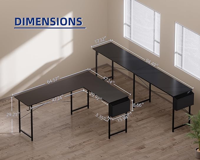 Pamray 64.5 Inch Reversible L Shaped Gaming Desk Large Corner Computer Desk with Storage Bag Home Office Table for Writing Study Grey