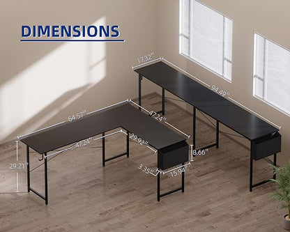 Pamray 64.5 Inch Reversible L Shaped Gaming Desk Large Corner Computer Desk with Storage Bag Home Office Table for Writing Study Black