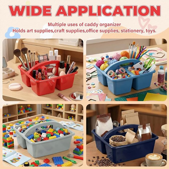Kathfly 4 Pack Classroom Caddy Organizer with Handle, Plastic Art Craft Cleaning Caddy Bulk, Small Multipurpose Supply Organization Storage Basket for Table Desk Office Pencil Teacher (Blue Red)