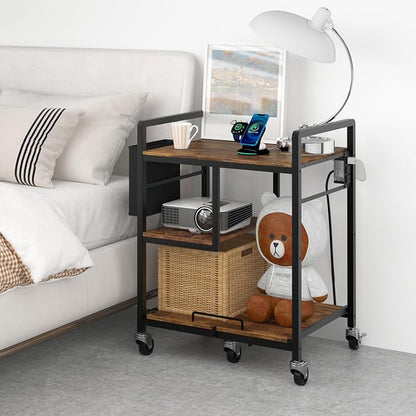 Sedegn Large Printer Stand with Wheels: Lockable Rolling Printer Cart | 24 x 18 Inch Top Fits Laser Printers Shredders and PC Towers 3-Outlet Power Strip and Storage Bag for Home Office (Brown)