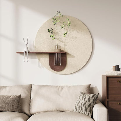 3D Textured Neutral Round Wall Art with Vase, Modern Minimalist Painting Artwork for Walls, Cream Geometric Circle Picture Wall Decor for Living Room, Hallway, Dining Room, Bedroom, Office, 24x31 Inch