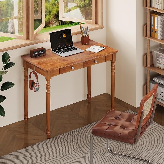 Solid Wood Writing Desk with Drawers - 39.4" Small Wood Vintage Desk, Mid Century Modern Desks, Wooden Computer Desks for Home Office, Traditional Vanity Dressing Table for Bedroom, Walnut