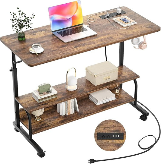 Armocity Rolling Standing Desk with Charging Station, Portable Height Adjustable Mobile Computer Desk with Wheels & 2-Tier Shelves & Hooks, Easy Assembly Laptop Table for Couch Bed, 39" Rustic Brown