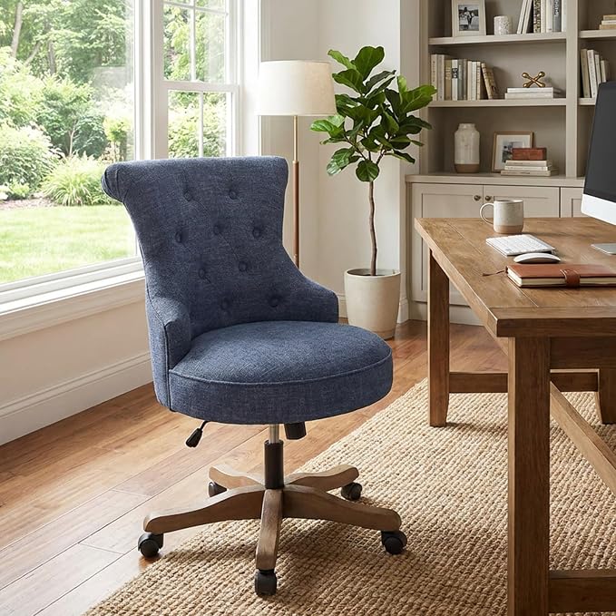 HUIMO Home Office Chair Upholstered Armless Desk Chair with Wheels Adjustable Height Computer Desk Chair with Wooden Legs Linen Comfortable Swivel for Farmhouse Study Studio (Blue)