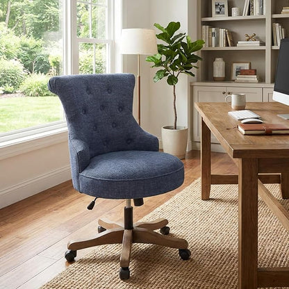 HUIMO Home Office Chair Upholstered Armless Desk Chair with Wheels Adjustable Height Computer Desk Chair with Wooden Legs Linen Comfortable Swivel for Farmhouse Study Studio (Blue)