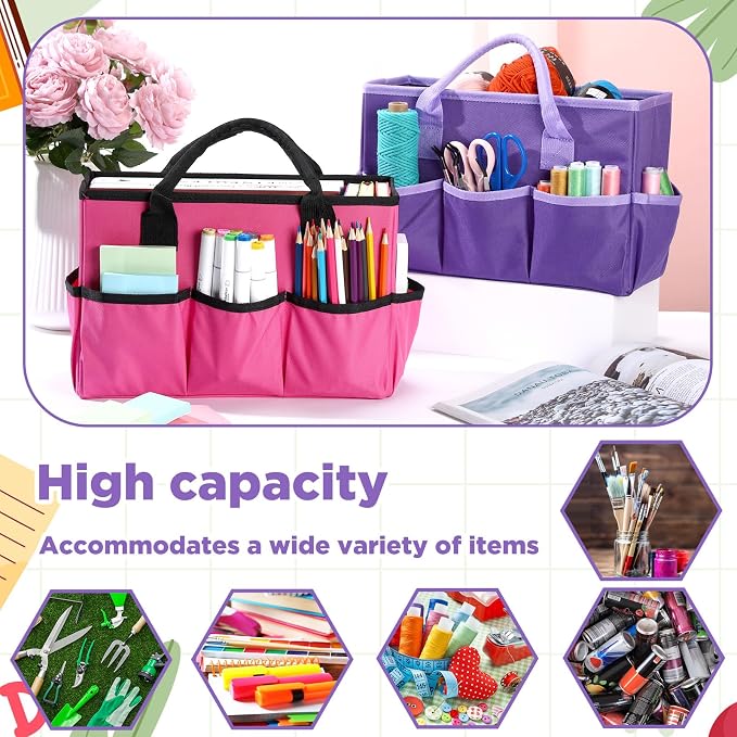Tellingyou 2 Pcs Art Craft Tote Bag Teacher Craft Organizers and Storage Bag Desktop Tote Supply 600d Oxford Classroom Organizer Caddy Gift for Crafters Christmas Office(Purple, Rose Red)