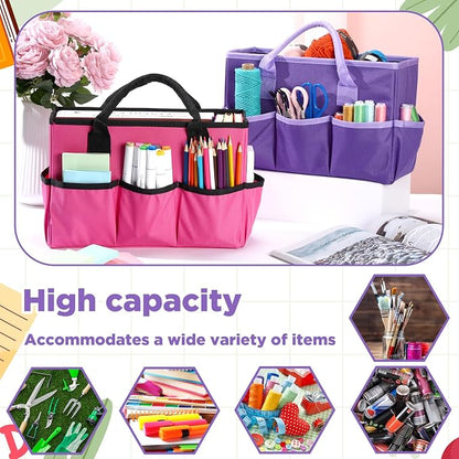 Tellingyou 2 Pcs Art Craft Tote Bag Teacher Craft Organizers and Storage Bag Desktop Tote Supply 600d Oxford Classroom Organizer Caddy Gift for Crafters Christmas Office(Purple, Rose Red)