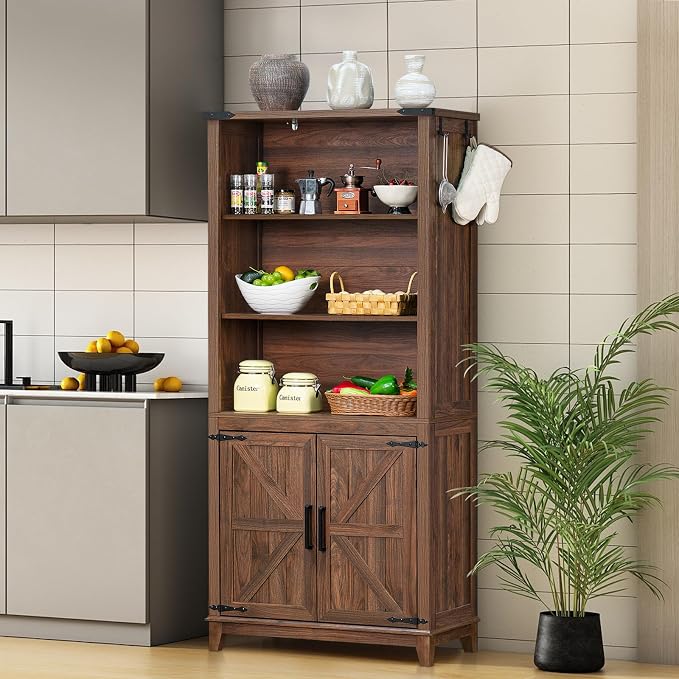 Joaxswe 70in Tall Bookshelf 5 Tier Bookcase with Barn Doors and Adjustable Shelves, Brown Farmhouse Book Shelf with Storage Cabinet, Wood Freestanding Display Bookshelves for Bedroom, Living Room