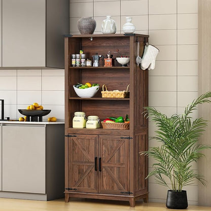 Joaxswe 70in Tall Bookshelf 5 Tier Bookcase with Barn Doors and Adjustable Shelves, Brown Farmhouse Book Shelf with Storage Cabinet, Wood Freestanding Display Bookshelves for Bedroom, Kitchen (3PCS)