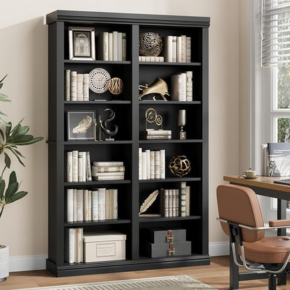 Garvee 74.5" Tall Bookshelf with Double Storage, 6-Tier Large Bookshelf, Double Wide Bookshelves w/ 12 Cubbies, Wide Freestanding Bookcases for Livingroom Office Library (Blcak, 74.5"H*46.1"W*12.4"D)